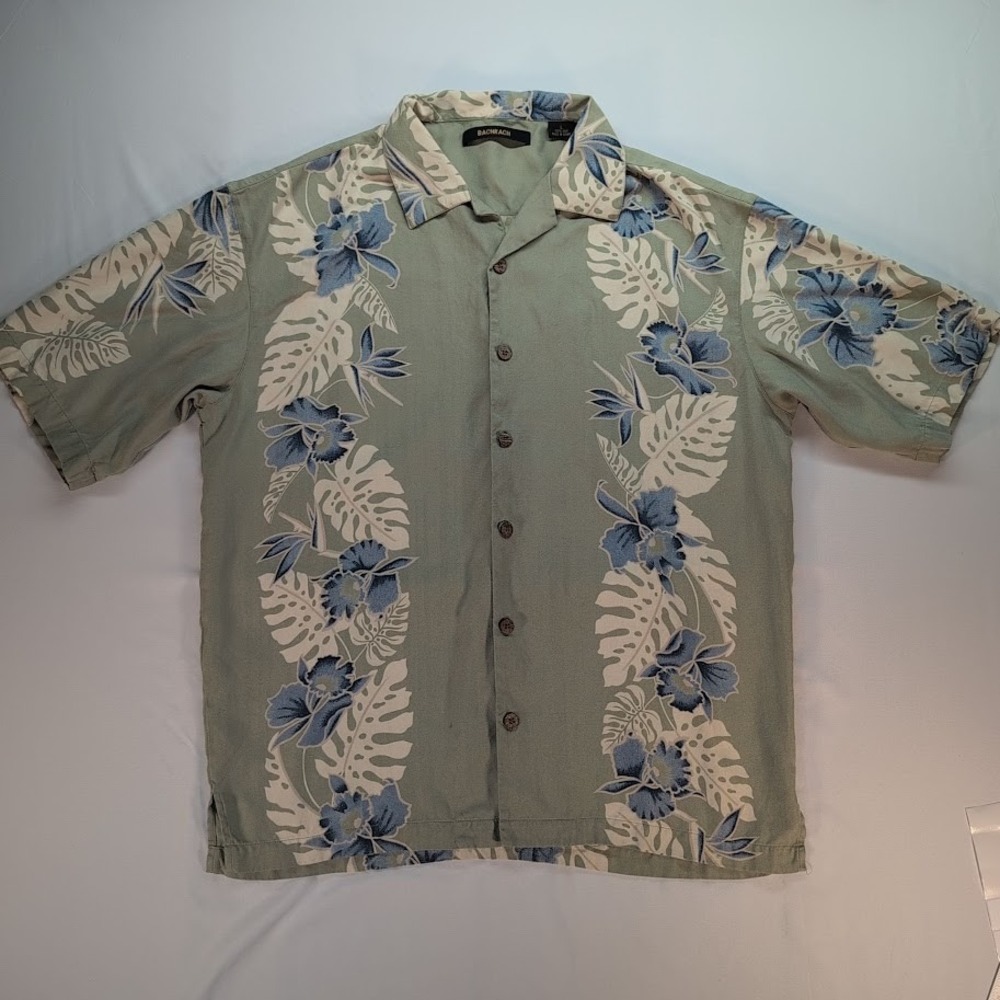Bachrach Mens Large 100% Silk Tropical Floral Camp Shirt Sage Green Short Sleeve